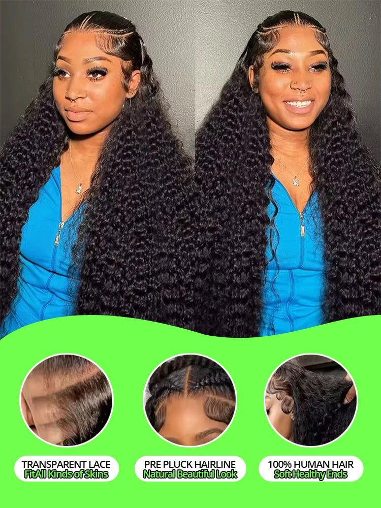 250% Curly WIgs 13x6 360 HD Full Lace Wigs Deep Water Wave Frontal Wigs 100% Raw Human Hair Wear and Go Glueless Wig on Sale