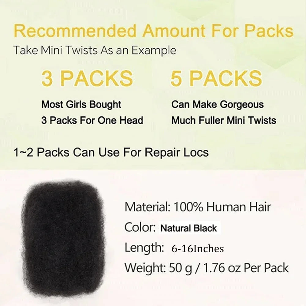 LD Afro Kinky Curly Bulk Human Hair For Braiding Dreadlock Extensions 50g No Weft Natural Black Color Bulk For Loc Mini Twist