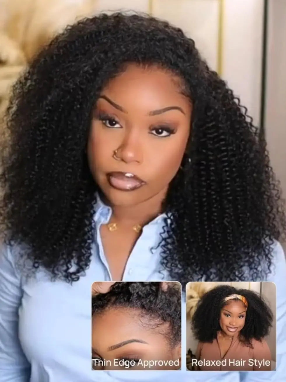 Kinky Curly Half Wig Human Hair Glueless Wear Go Wig 4C Afro Kinky Curly Headband Wig 3 IN 1 Half Wig Flip Over Clip Ins Wig