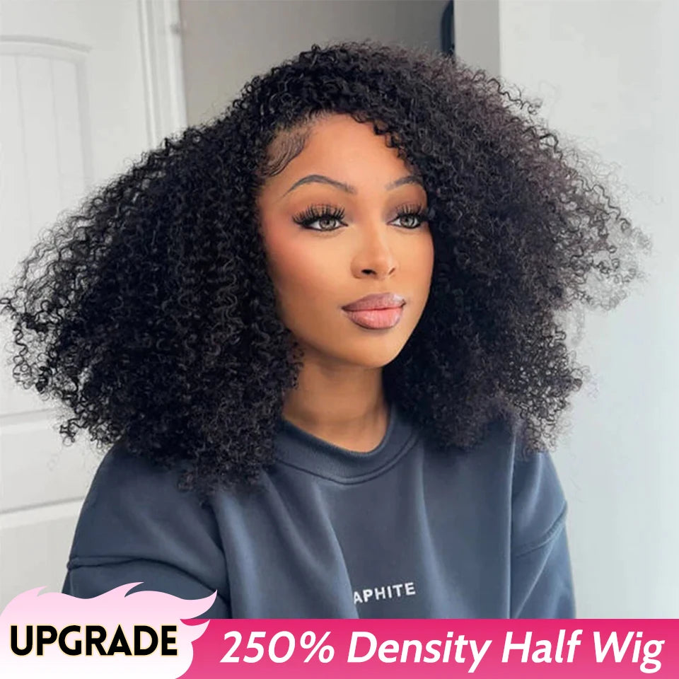 ISEE Hair Half Wigs 250 density Afro Curly Half Wigs Human Hair Upgrade 3 IN 1 Half Wig With Drawstring